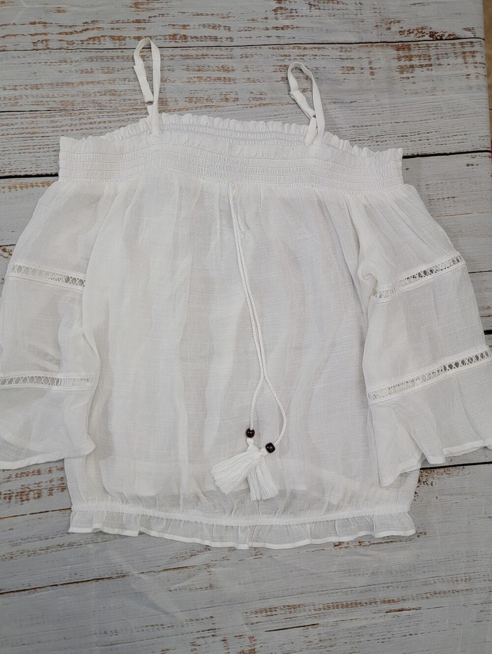 NEW A. Byer White Off-Shoulder Tassel Peasant Camisole